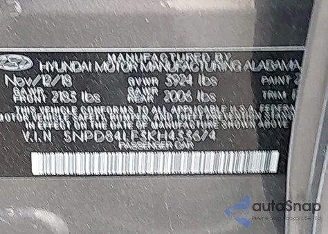 2019 Hyundai Elantra Sel из США, поврежденный, VIN 5NPD84LF3KH433674